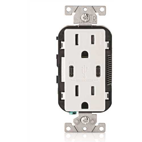 15 Amp 125-Volt Tamper-Resistant Duplex Outlet/30-Watt 6 Amp USB Dual Type-C with Power Delivery In-Wall Charger, White