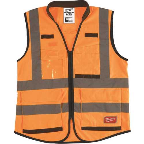 Premium Large/X-Large Orange Class 2-High Visibility Safety Vest with 15 Pockets