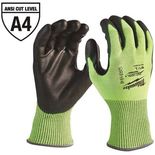 Milwaukee 48-73-8941 Medium High Visibility Level 4 Cut Resistant Polyurethane Dipped Work Gloves High-Vis Green