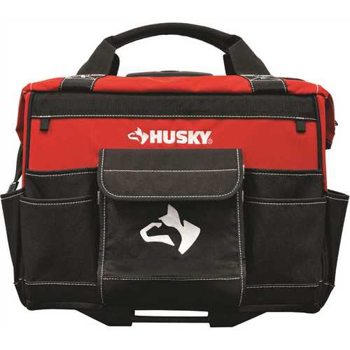 Husky HD65018-TH 18 in. Zipper Top Rolling Weather Resistant Tool Tote Bag in Red with 18 total pockets and heavy-duty telescoping handle