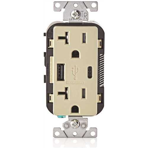 Leviton T5833-I 20 Amp Tamper Resistant Duplex Outlet with Type A and Type-C USB Chargers, Ivory