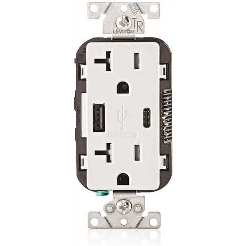 Leviton T5833-W 20 Amp Tamper Resistant Duplex Outlet with Type A and Type-C USB Chargers, White
