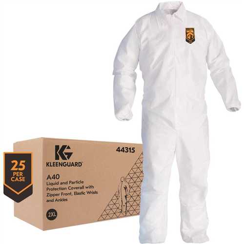 KLEENGUARD 44315 A40 Liquid & Particle Protection Coveralls (), Zip Front, Elastic Wrists & Ankles, White, 2XL