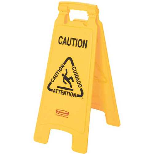 FG611200 YEL Floor Sign, 11 in W, 25 in H, Yellow Background, Caution, English, French, Spanish