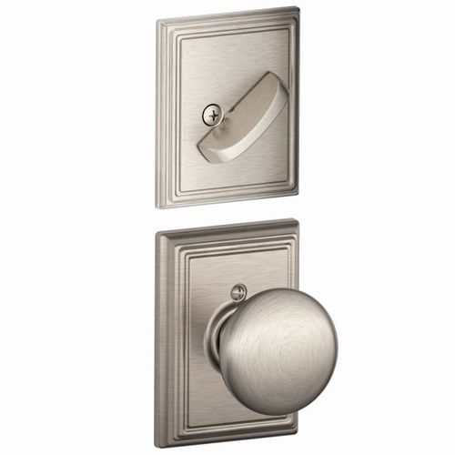 Schlage Residential F59 PLY 619 ADD Plymouth Knob with Addison Rose Interior Active Trim with 12326 Latch and 10269 Strikes Satin Nickel Finish