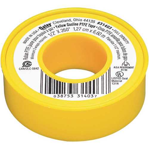 Thread Seal Tape, 260 in L, 1/2 in W, PTFE, Yellow - pack of 10