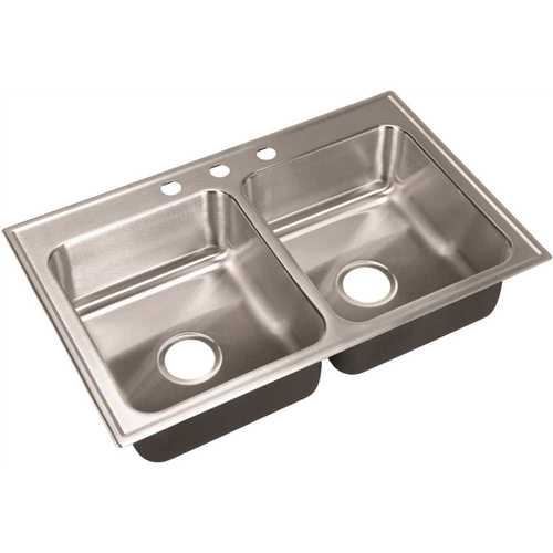 18-Gauge Stainless Steel 22 in. O.D. x 33 in. 3-Hole Double Bowl Drop-In Kitchen Sink with Faucet Ledge