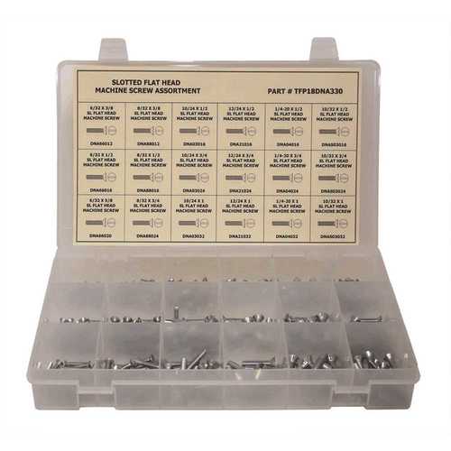 Lindstrom TFP18DNA330 Zinc Plated Slotted Flat Head Machine Screw Assortment in Plastic Tray - pack of 330