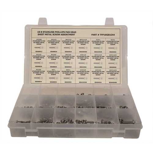 Phillips Pan Head Sheet Metal Screw 304 Stainless Steel Assortment in Plastic Tray - pack of 244