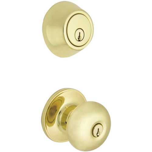 Round Polished Brass Keyed Entry Door Knob with Single Cylinder Deadbolt Combo Pack