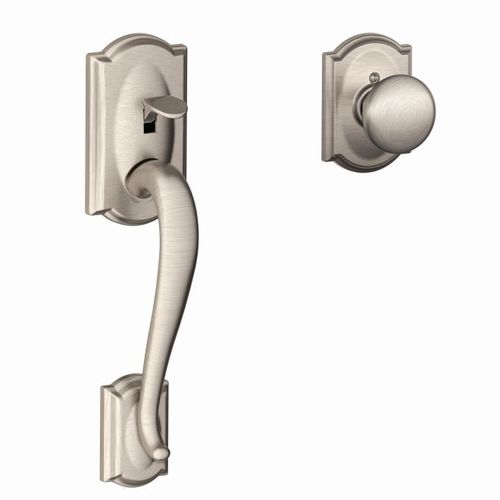Schlage Residential FE285CAM619PLYCAM Camelot with Plymouth Knob with  Camelot Rose Bottom Half Handleset with 16080 Latch and 10063 Strike Satin  