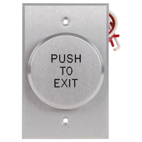 5286 Series Round Push Plate Switch, Pneumatic 2-60 Second Delay, Form Z, 2-1/2" Round Palm Button, 3" Wide Aluminum Back Plate, "PUSH RO EXIT" in Black Letters