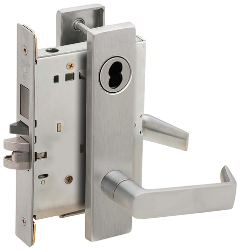 Left Hand Faculty Restroom Mortise Lock with Large Format IC Less Core with 06 Lever and L Escutcheon Satin Chrome Finish