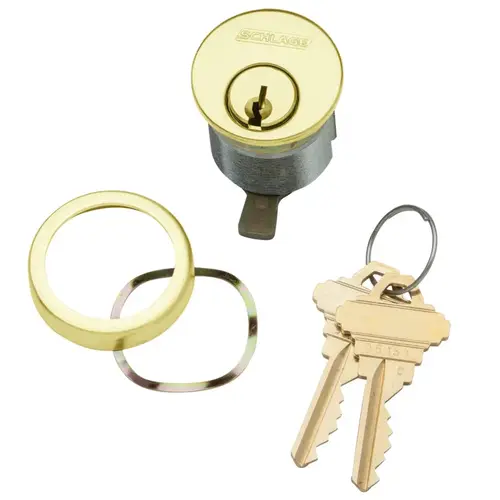 1-1/8 In. Mortise Cylinder, 6-Pin, F Keyway, Keyed Different, Straight Cam, Compression Ring & Spring, 2 Keys, Bright Brass Finish