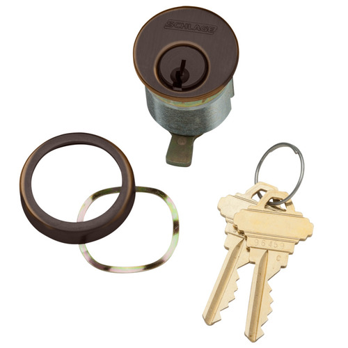 1-1/2 In. Mortise Cylinder, 6-pin, S234 Keyway, Keyed Different, Straight Cam, Compression Ring & Spring, 2 Keys, Aged Bronze Finish, Non-handed Aged Bronze