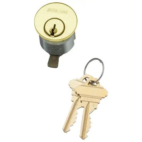 1-1/8 In. Mortise Cylinder, 6-pin, C123 Keyway, Keyed Different, Straight Cam, Compression Spring, 2 Keys, Bright Brass Finish, Non-handed Bright Brass