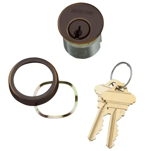 1-3/8 In. Mortise Cylinder, 6-pin, S124 Keyway, Keyed Different, Schlage L Cam, Compression Ring & Spring, 2 Keys, Aged Bronze Finish, Non-handed Aged Bronze