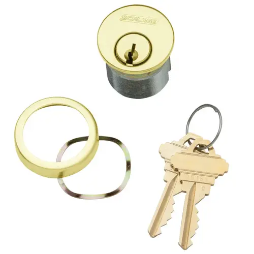 1 1/8 In. Mortise Cylinder, 6-Pin, EF Keyway, Keyed Different, Schlage L Cam, Compression Ring & Spring, 2 Keys, Bright Brass Finish