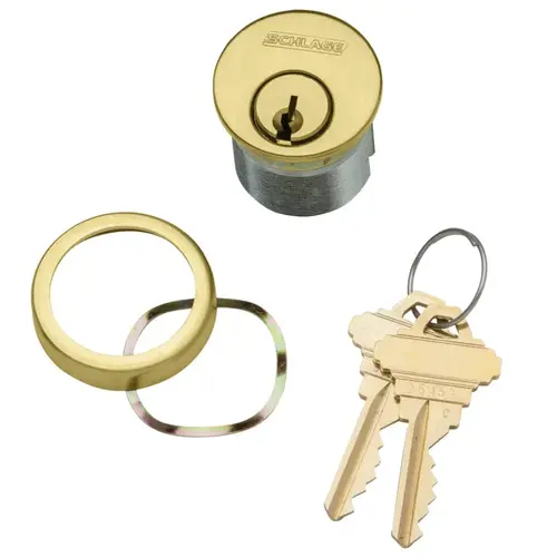 1-5/8 In. Mortise Cylinder, 6-pin, C125 Keyway, Keyed Different, Schlage L Cam, Compression Ring & Spring, 2 Keys, Satin Brass Finish, Non-handed Satin Brass