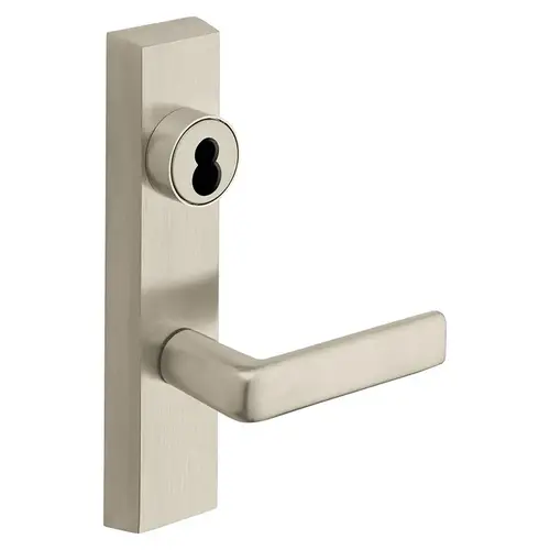 Grade 1 Exit Device Trim, Storeroom Function, Key Unlocks Trim, Trim Retracts Latch/Trim Relocks when Key is Removed, For Surface Vertical Rod and Mortise (8700, 8900 Series) Devices, Sargent LFIC Less Core, E Lever, RHR, Satin Nickel Plated Clear Coated Satin Nickel Plated Clear Coated