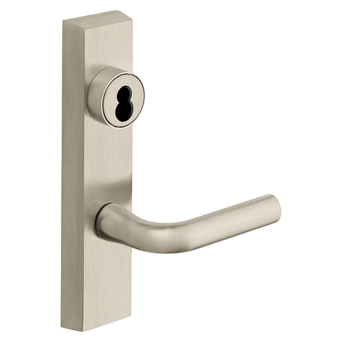 Grade 1 Exit Device Trim, Classroom Function, Freewheeling Trim, Key Outside Unlocks/Locks Trim, For Surface Vertical Rod and Mortise (8700, 8900 Series) Devices, Sargent LFIC Less Core, W Lever, LHR, Satin Nickel Plated Clear Coated Satin Nickel Plated Clear Coated