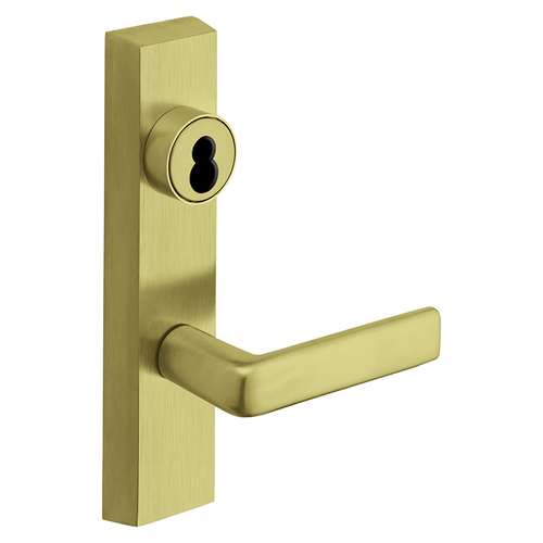 Grade 1 Exit Device Trim, Classroom Function, Key Outside Unlocks/Locks Trim, For Surface Vertical Rod and Mortise (8700, 8900 Series) Devices, Sargent LFIC Less Core, E Lever, LHR, Satin Brass Satin Brass