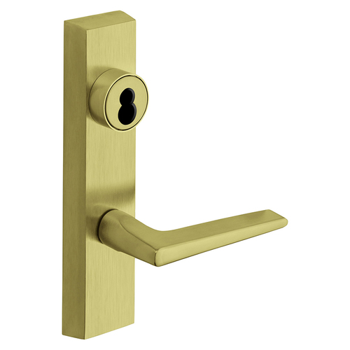 Grade 1 Exit Device Trim, Classroom Function, Freewheeling Trim, Key Outside Unlocks/Locks Trim, For Surface Vertical Rod and Mortise (8700, 8900 Series) Devices, Sargent LFIC Less Core, F Lever, LHR, Satin Brass Satin Brass