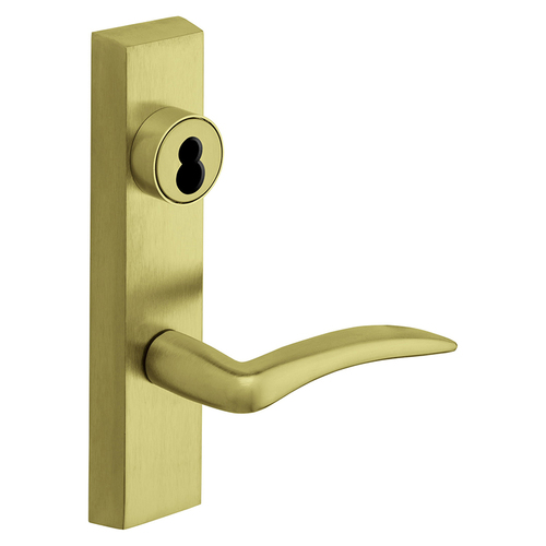 Grade 1 Exit Device Trim, Storeroom Function, Key Unlocks Trim, Trim Retracts Latch/Trim Relocks when Key is Removed, For Surface Vertical Rod and Mortise (8700, 8900 Series) Devices, Sargent LFIC Less Core, A Lever, RHR, Satin Brass Satin Brass