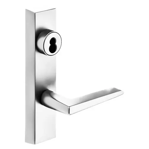 Grade 1 Exit Device Trim, Classroom Security Function, Key Outside Retracts Latch, Key Inside Unlocks/Locks Outside Trim, For Surface Vertical Rod and Mortise (8700, 8900 Series) Devices, Sargent LFIC Less Core, F Lever, LHR, Bright Nickel Plated Clear Coated Bright Nickel Plated Clear Coated