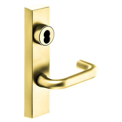 Grade 1 Exit Device Trim, Classroom Security Function, Key Outside Retracts Latch, Key Inside Unlocks/Locks Outside Trim, For Surface Vertical Rod and Mortise (8700, 8900 Series) Devices, SFIC Prep Less Core, J Lever, LHR, Bright Brass Bright Brass