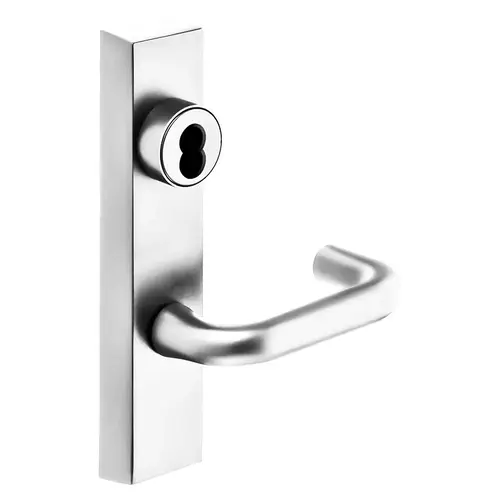 Grade 1 Exit Device Trim, Night Latch, Key Retracts Latch, For Rim and Mortise (8300, 8500, 8800, 8900, 9800, 9900 Series) Devices, SFIC Prep Less Core, J Lever, Bright Nickel Plated Clear Coated Finish, Right-Hand Reverse Bright Nickel Plated Clear Coated