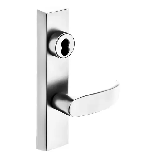 Grade 1 Exit Device Trim, Storeroom Function, Key Unlocks Trim, Trim Retracts Latch/Trim Relocks when Key is Removed, For Surface Vertical Rod and Mortise (8700, 8900 Series) Devices, SFIC Prep Less Core, P Lever, RHR, Bright Chrome Bright Chrome