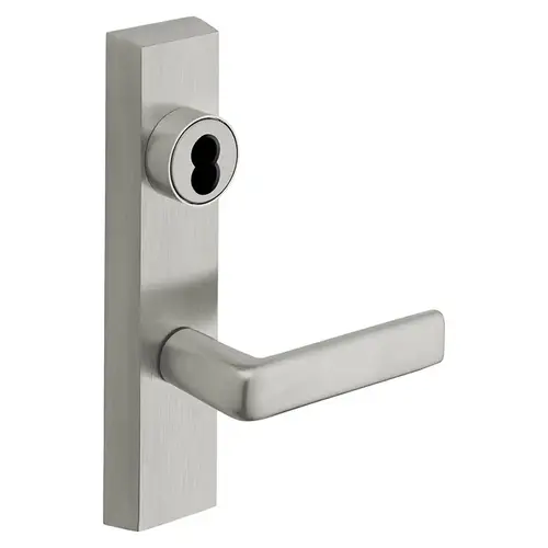 Grade 1 Exit Device Trim, Storeroom Function, Key Unlocks Trim, Trim Retracts Latch/Trim Relocks when Key is Removed, For Surface Vertical Rod and Mortise (8700, 8900 Series) Devices, SFIC Prep Less Core, E Lever, RHR, Satin Chrome Satin Chrome