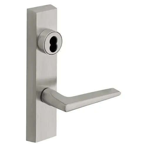 Grade 1 Exit Device Trim, Classroom Security Function, Key Outside Retracts Latch, Key Inside Unlocks/Locks Outside Trim, For Surface Vertical Rod and Mortise (8700, 8900 Series) Devices, SFIC Prep Less Core, F Lever, LHR, Satin Chrome Satin Chrome