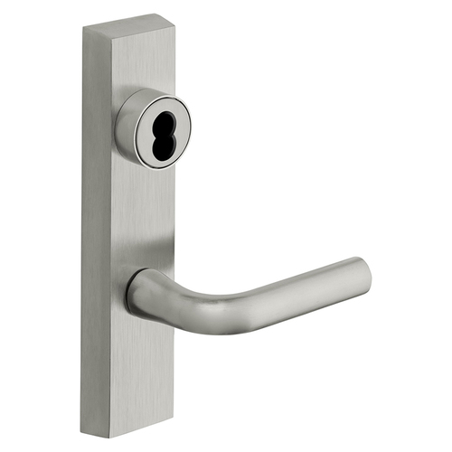 Grade 1 Exit Device Trim, Storeroom Function, Key Unlocks Trim, Trim Retracts Latch/Trim Relocks when Key is Removed, For Surface Vertical Rod and Mortise (8700, 8900 Series) Devices, SFIC Prep Less Core, W Lever, LHR, Satin Chrome Satin Chrome