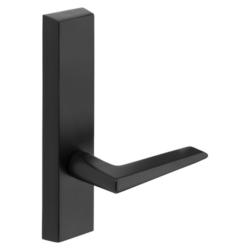 Grade 1 Electrified Exit Device Trim, Fail Safe, Power Off, Unlocks Lever, For Surface Vertical Rod and Mortise (8700, 8900 Series) Devices, F Lever, 24V, LHR, Black Suede Powder Coat Black Suede Powder Coat