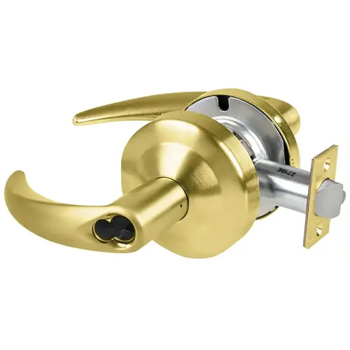 Grade 2 Entrance Cylindrical Lock with Field Selectable Vandlgard, Omega Lever, SFIC Less Core, Satin Brass Finish, Backset Extension, Non-handed Satin Brass