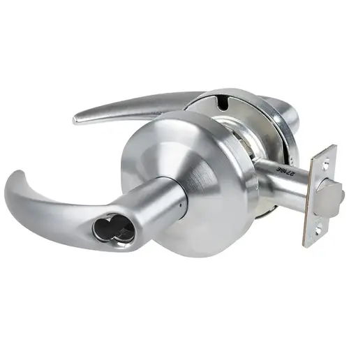 Grade 2 Office Cylindrical Lock with Field Selectable Vandlgard, Omega Lever, SFIC Less Core, Satin Chrome Finish, Anti-Friction Fire Deadlatch, Non-handed Satin Chrome