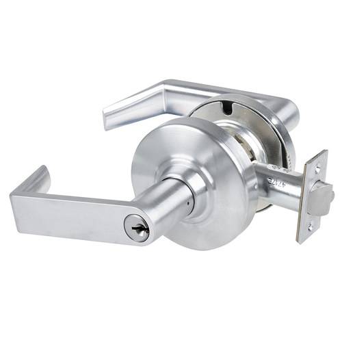 Grade 1 Classroom Security Lock, Rhodes Lever, Standard Cylinder, 5 In. Backset Extension, Satin Chrome Antimicrobial Finish, Non-handed Satin Chrome Antimicrobial