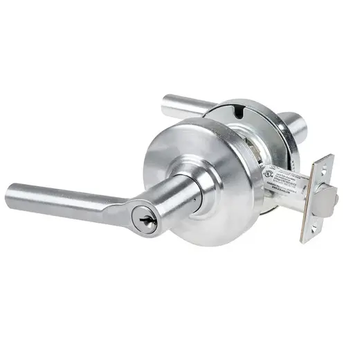 Grade 1 Classroom Lock, Broadway Lever, Standard Cylinder, 3-3/4 In. Backset, Satin Chrome Finish, Non-handed Satin Chrome