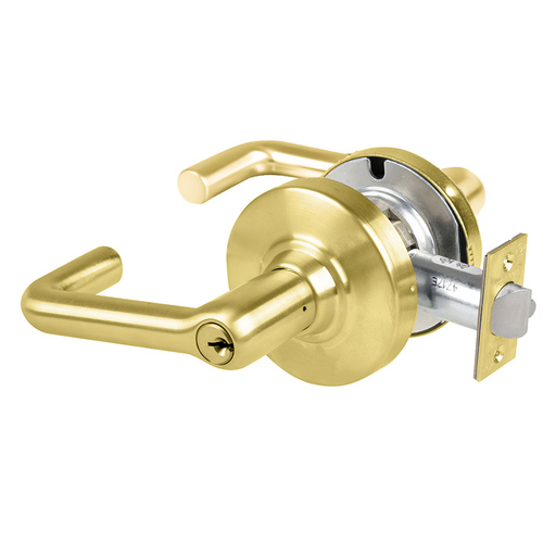 Grade 1 Storeroom Lock, Tubular Lever, Standard Cylinder, 5 In. Backset Extension, Satin Brass Finish, Non-handed Satin Brass