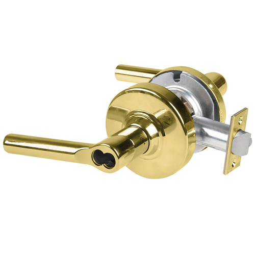 Grade 2 Entrance Cylindrical Lock with Field Selectable Vandlgard, Broadway Tactile Lever, SFIC Less Core, Bright Brass Finish, Non-handed Bright Brass