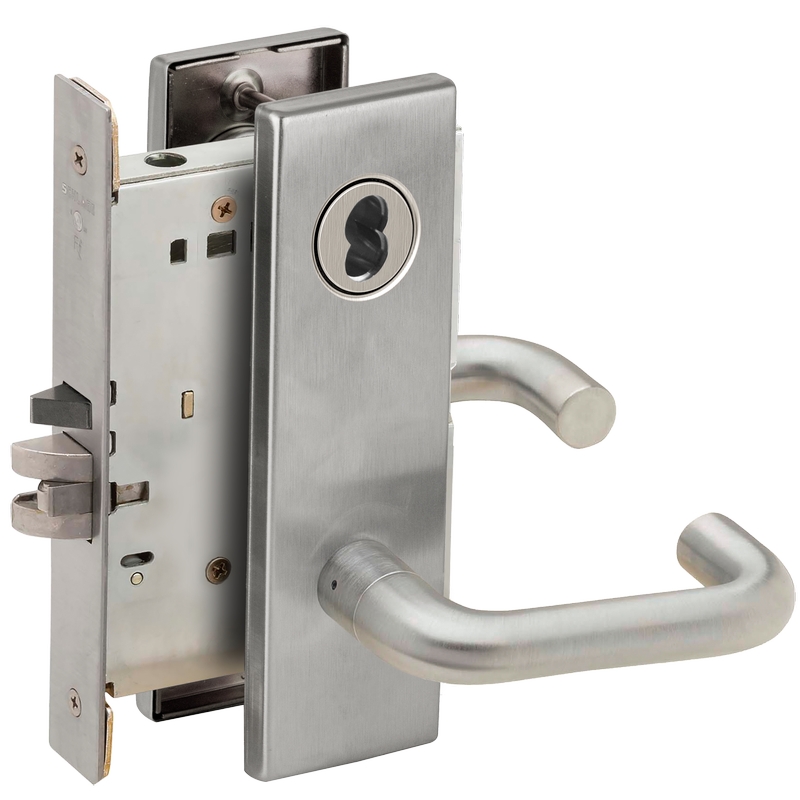 Schlage L9070B 03N 626 Classroom Mortise Lock with Small Format IC Less Core with 03 Lever and N Escutcheon Satin Chrome Finish