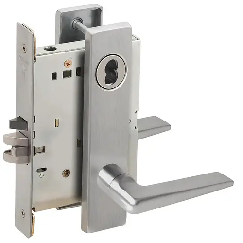 Apartment Entry Mortise Lock with Small Format IC Less Core with 05 Lever and L Escutcheon Satin Chrome Finish