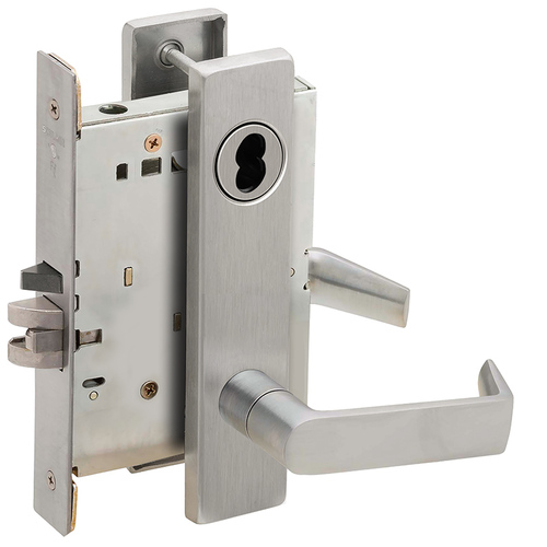 Classroom Security Holdback Mortise Lock with Large Format IC Less Core with 06 Lever and L Escutcheon Satin Chrome Finish