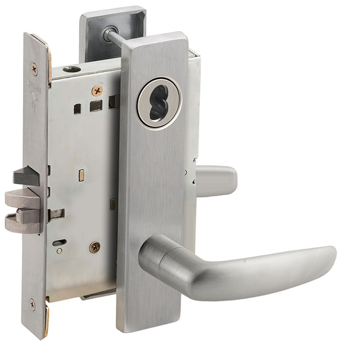 Classroom Holdback Mortise Lock with Small Format IC Less Core with 07 Lever and L Escutcheon Satin Chrome Finish