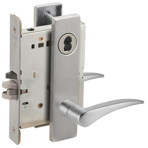 Right Hand Storeroom Mortise Lock with Large Format IC Less Core with 12 Lever and L Escutcheon Satin Chrome Finish