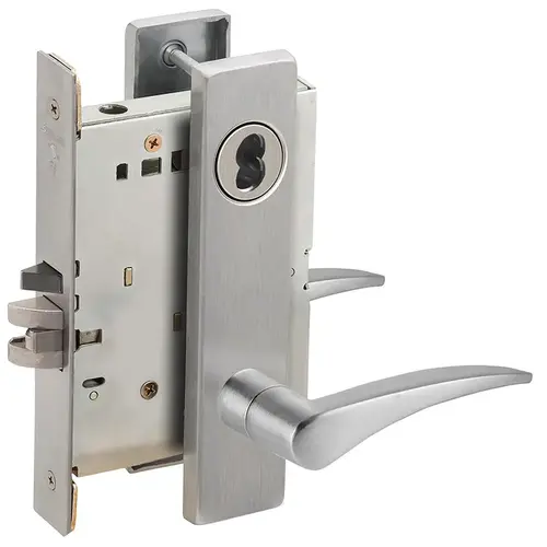 Right Hand Institution Mortise Lock with Large Format IC Less Core with 12 Lever and L Escutcheon Satin Chrome Finish