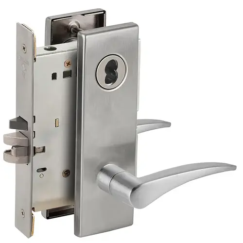 Left Hand Entry / Office Mortise Lock with Large Format IC Less Core with 12 Lever and N Escutcheon Satin Chrome Finish