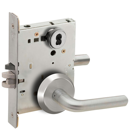 Entry / Office Mortise Lock with Small Format IC Less Core with 02 Lever and C Rose Satin Chrome Finish